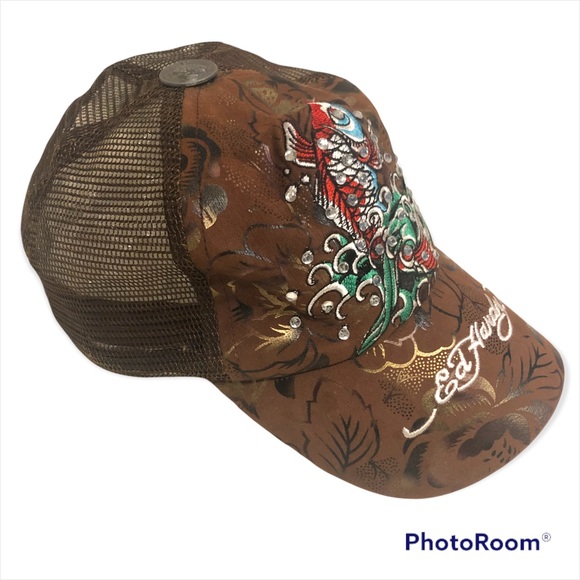 Ed Hardy Accessories - ED HARDY rare faux suede embroidered printed Cap with rhinestones, adjustable sz